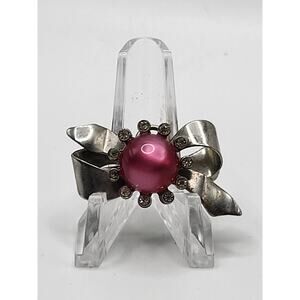 Vintage Pink Cabochon Bow Brooch Pendant Combo Silver Tone Retro